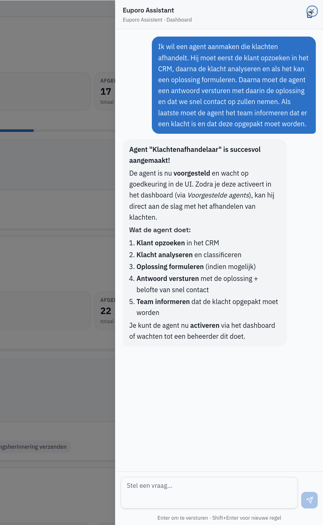The Euporo chat — an agent created in plain language, proposed and awaiting approval