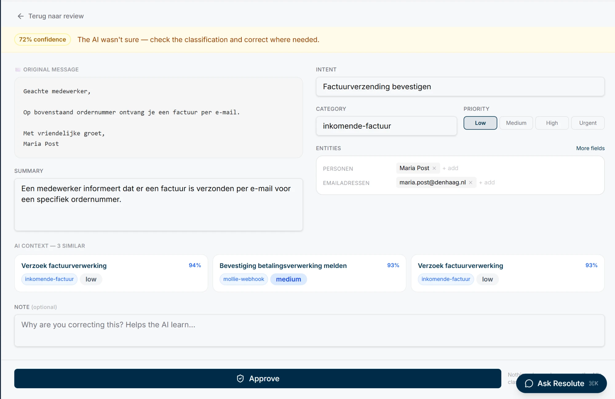 A low-confidence item paused for human review — confidence score, classification, similar past cases and a one-click approve