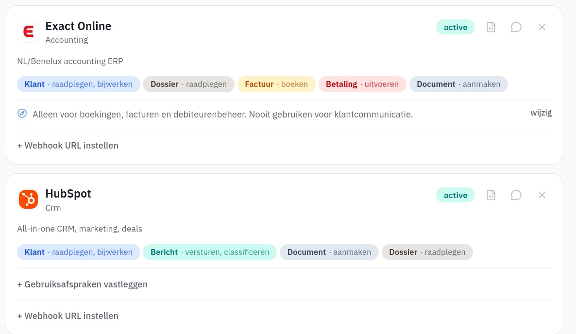 Connected systems in Euporo — capabilities in plain domain language, and per-system usage agreements agents must respect